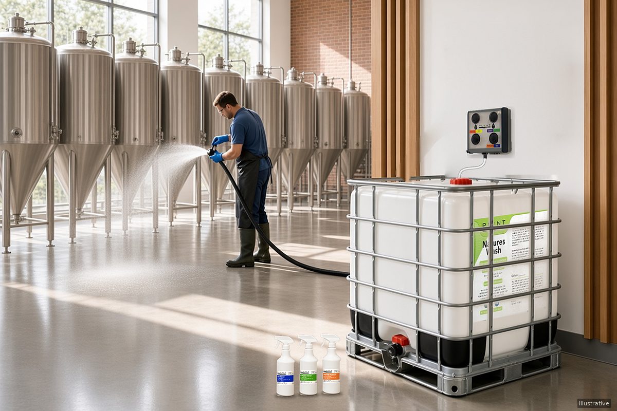 Illustration: bright, modern craft brewery with tall windows and a row of nine stainless steel conical fermentation tanks; a worker in a rubber apron and blue gloves pressure washes the outside of a tank, and in the foreground a caged 275-gallon IBC tote with the Nature’s Wash label sits under a compact wall-mounted Fusion Pro dispenser that draws from it through a suction tube, with three white spray bottles on the floor beside the tote labeled Glass Cleaner, All Purpose Cleaner, and Heavy Duty Degreaser