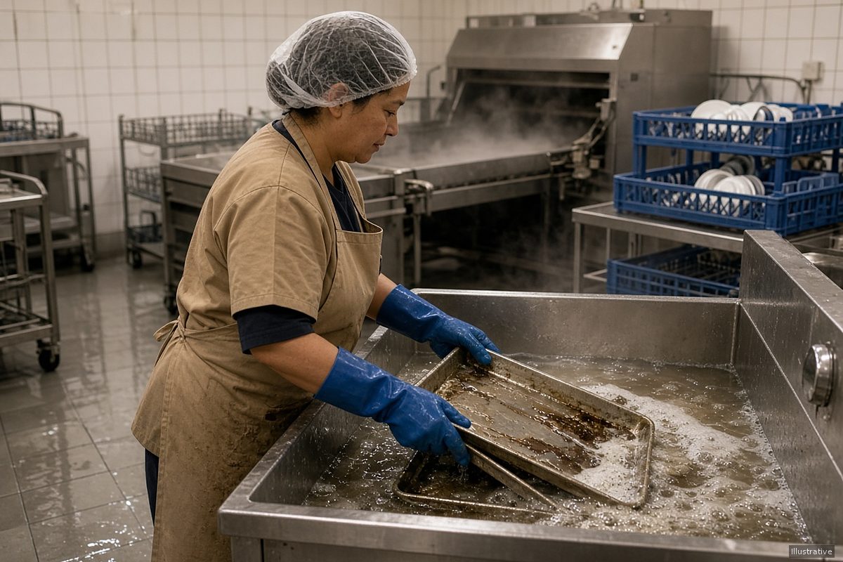 Illustration: institutional foodservice dish room with a worker pre-soaking sheet pans before the dish machine