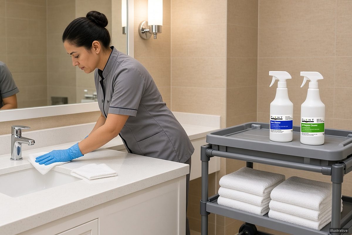 Illustration: hotel housekeeper in blue gloves wiping down a guest bathroom vanity beside a housekeeping cart holding two white spray bottles, one labeled Glass Cleaner and one labeled All Purpose Cleaner
