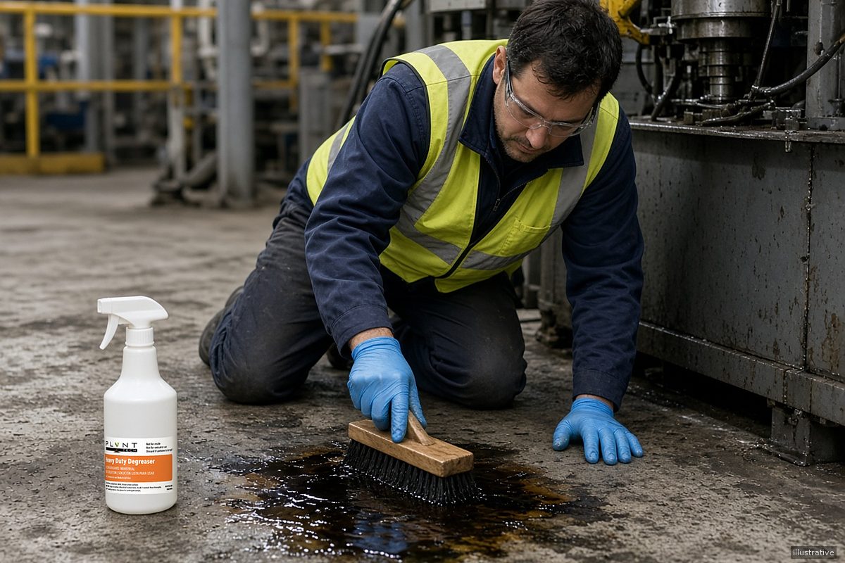 Illustration: manufacturing technician in safety glasses and gloves scrubbing oil from the base of production machinery on a plant floor, with a white spray bottle labeled Heavy Duty Degreaser beside him