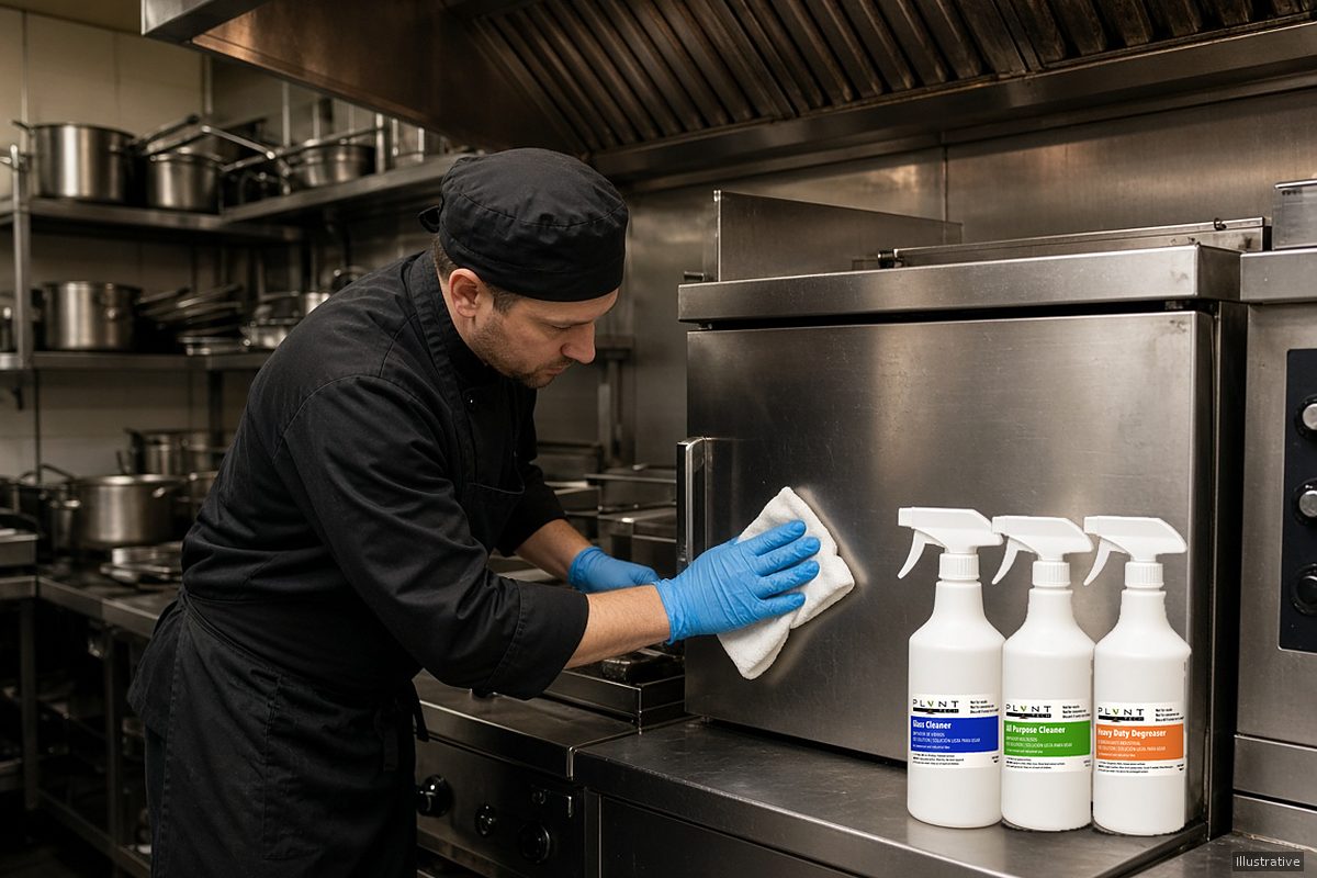 Illustration: restaurant cook in nitrile gloves wiping down a stainless fryer cabinet below the hood filters on a commercial kitchen line, with three white spray bottles standing side by side on the stainless ledge, labeled Glass Cleaner, All Purpose Cleaner, and Heavy Duty Degreaser