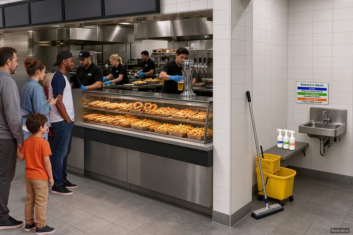 Illustration: stadium concession stand on game day; a relaxed group of fans waits at the counter, including a dad holding his young son’s hand, a teenager checking her phone, an older woman, and a fan in a cap and baseball-style tee chatting with the cashier at the POS, while workers in blue gloves prep food behind heated glass cases stocked with hot dogs, soft pretzels, pizza slices, nachos, and fries, and a worker fills a cup at the draft beer tap. Behind a full-height tiled partition, in a separate janitorial nook with a mop bucket and a handwash sink, three small white spray bottles labeled Glass Cleaner, All Purpose Cleaner, and Heavy Duty Degreaser sit on a low wall shelf, with a small Nature’s Wash color chart on the wall above the sink