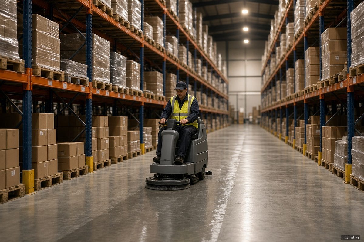 Illustration: warehouse aisle between pallet racks being cleaned with a ride-on autoscrubber