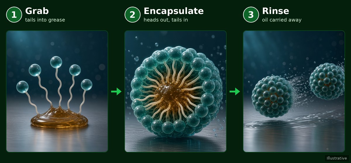 Illustration in three panels showing how the bio-surfactant removes grease. 1 Grab: surfactant molecules, each with a round water-loving head and a thin oil-loving tail, push their tails into an amber grease film on stainless steel while their heads stay in the water. 2 Encapsulate: a cut-away micelle with heads facing outward and tails pointing inward around a trapped oil core. 3 Rinse: closed micelles carrying the oil are swept away by rinse water, leaving the steel surface clean.
