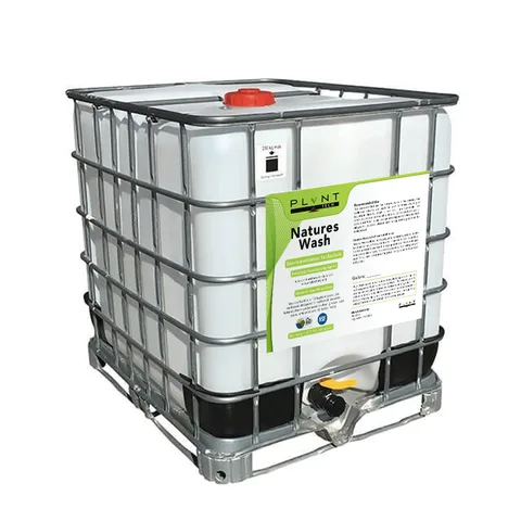 275-gallon caged IBC tote of Nature’s Wash bio-surfactant concentrate on a steel pallet base
