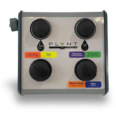 Front of the Fusion Pro wall-mounted dispenser with two push buttons, two selector knobs, and color-coded labels for Heavy Duty, Floor, Degreaser, All Purpose, and Glass