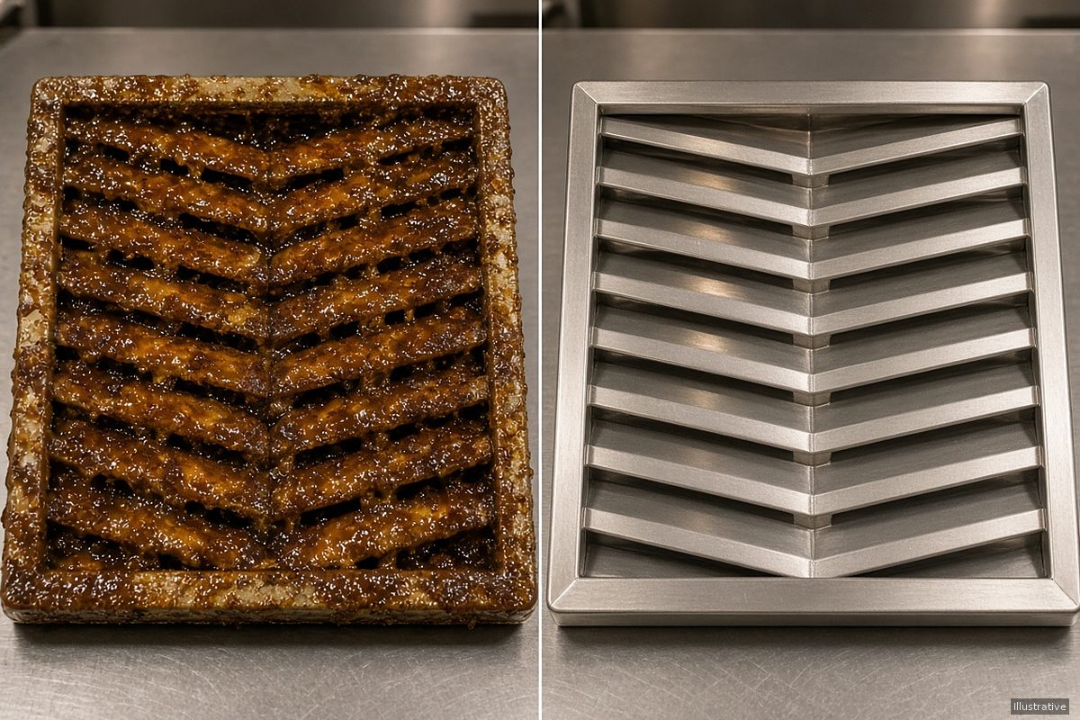 Illustration: side-by-side composite of a commercial kitchen baffle hood filter, heavily greased on the left and clean stainless steel on the right